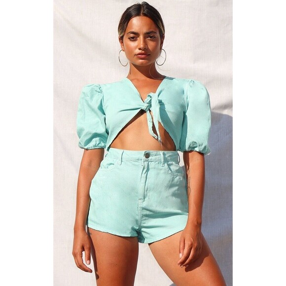 PrettyLittleThing Romper Womens 10 NWT Acid Green Cut-Out Front Denim Playsuit - Picture 2 of 13